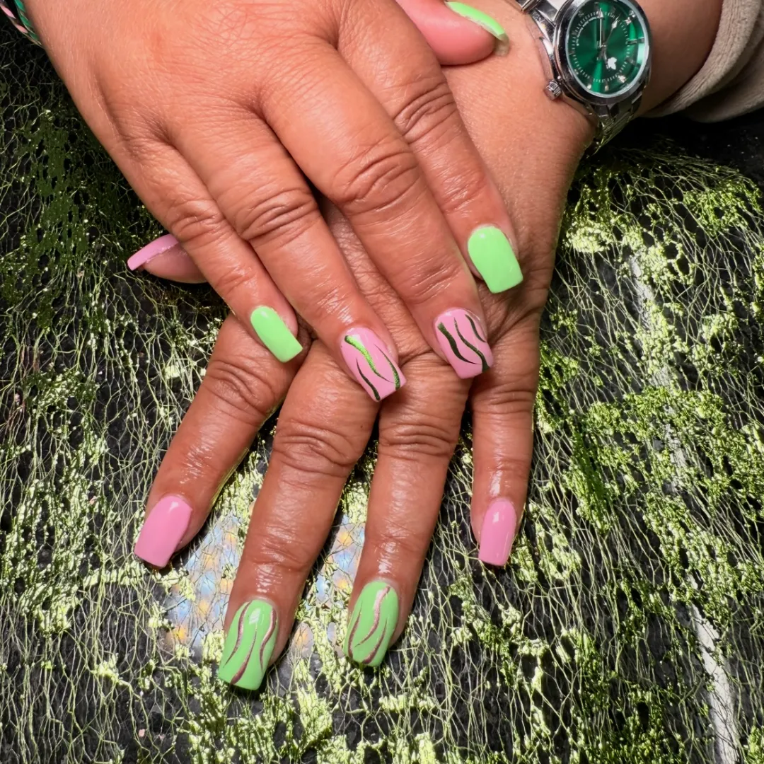 Pink and green swirl square nails