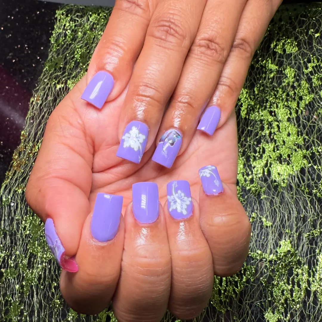 Lavender square nails with white floral hand-painted accents
