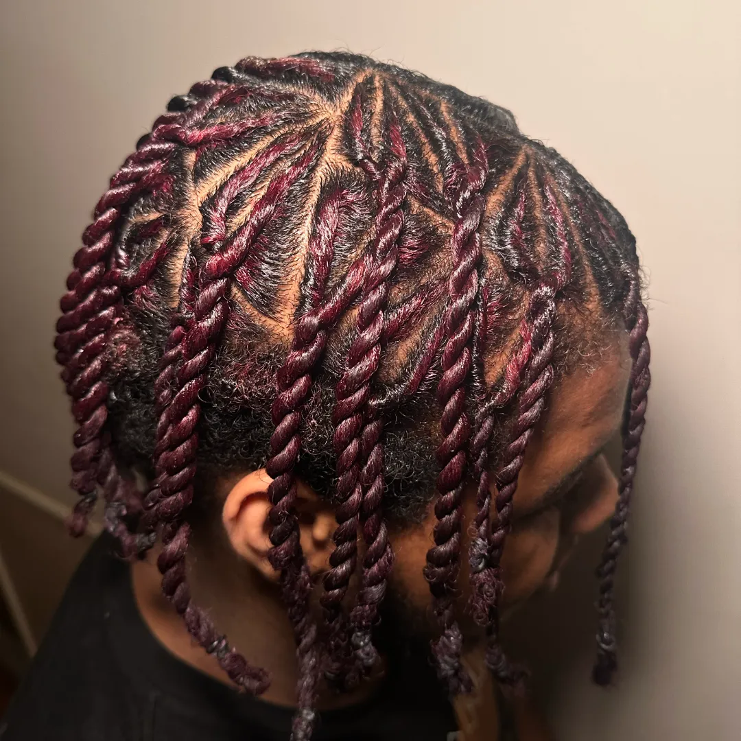 Burgundy two-strand twists on natural hair